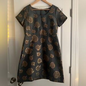 Ann Taylor Black Dress with Gold Floral Pattern Jacquard Print Dress